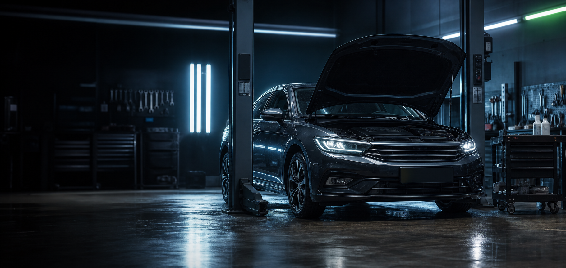Clean car service workshop bay with a vehicle ready for inspection