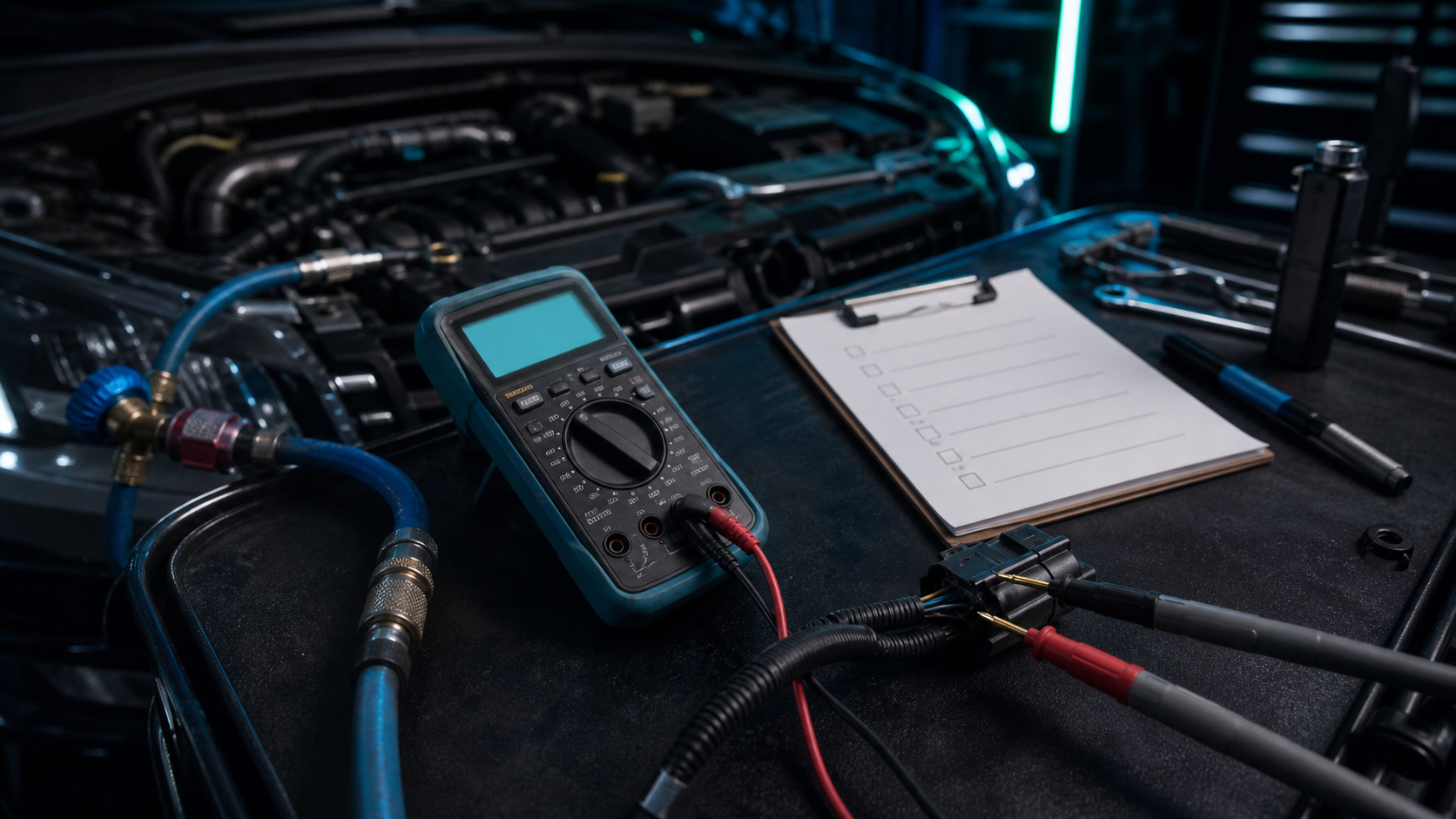 Multimeter and aircond diagnostic tools on a workshop bench