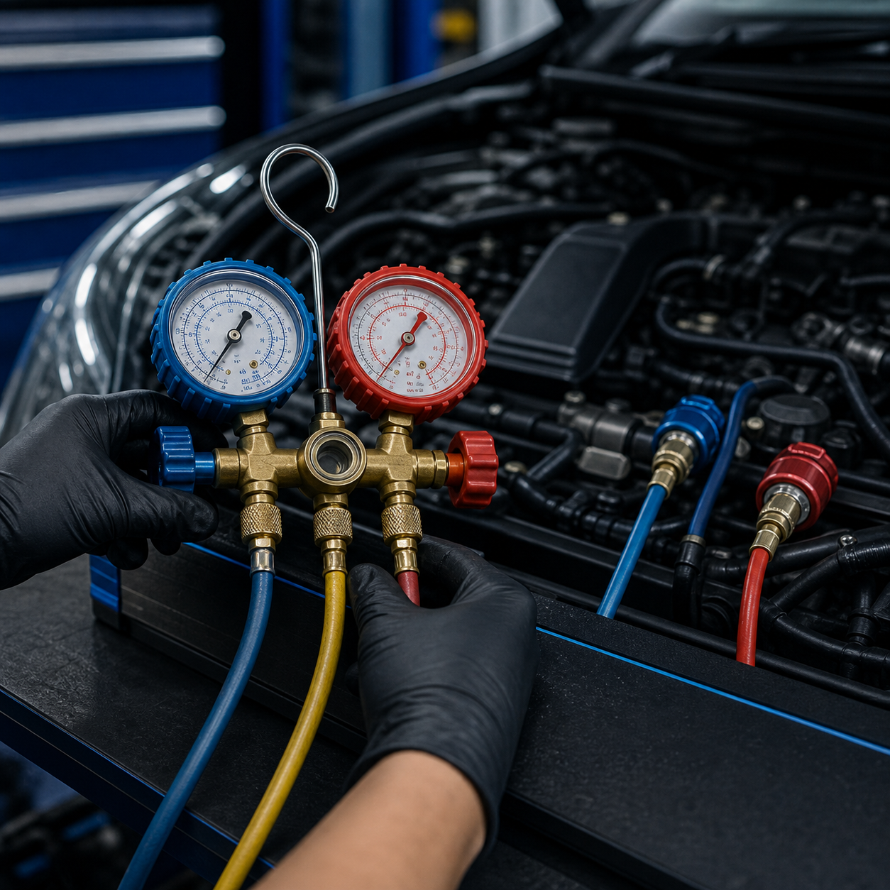 Automotive aircond pressure gauges during service