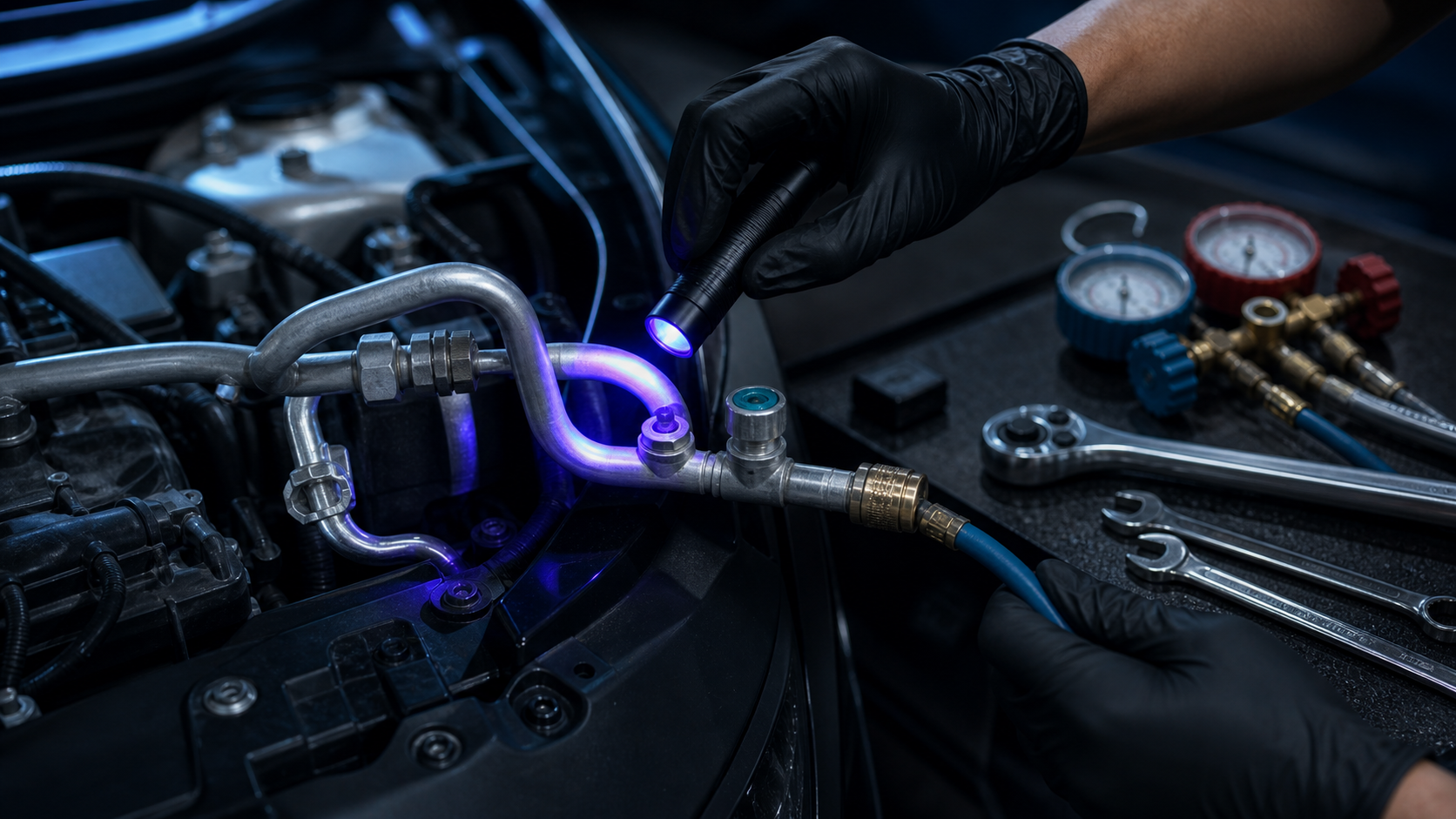 Technician checking automotive aircond lines for leak support