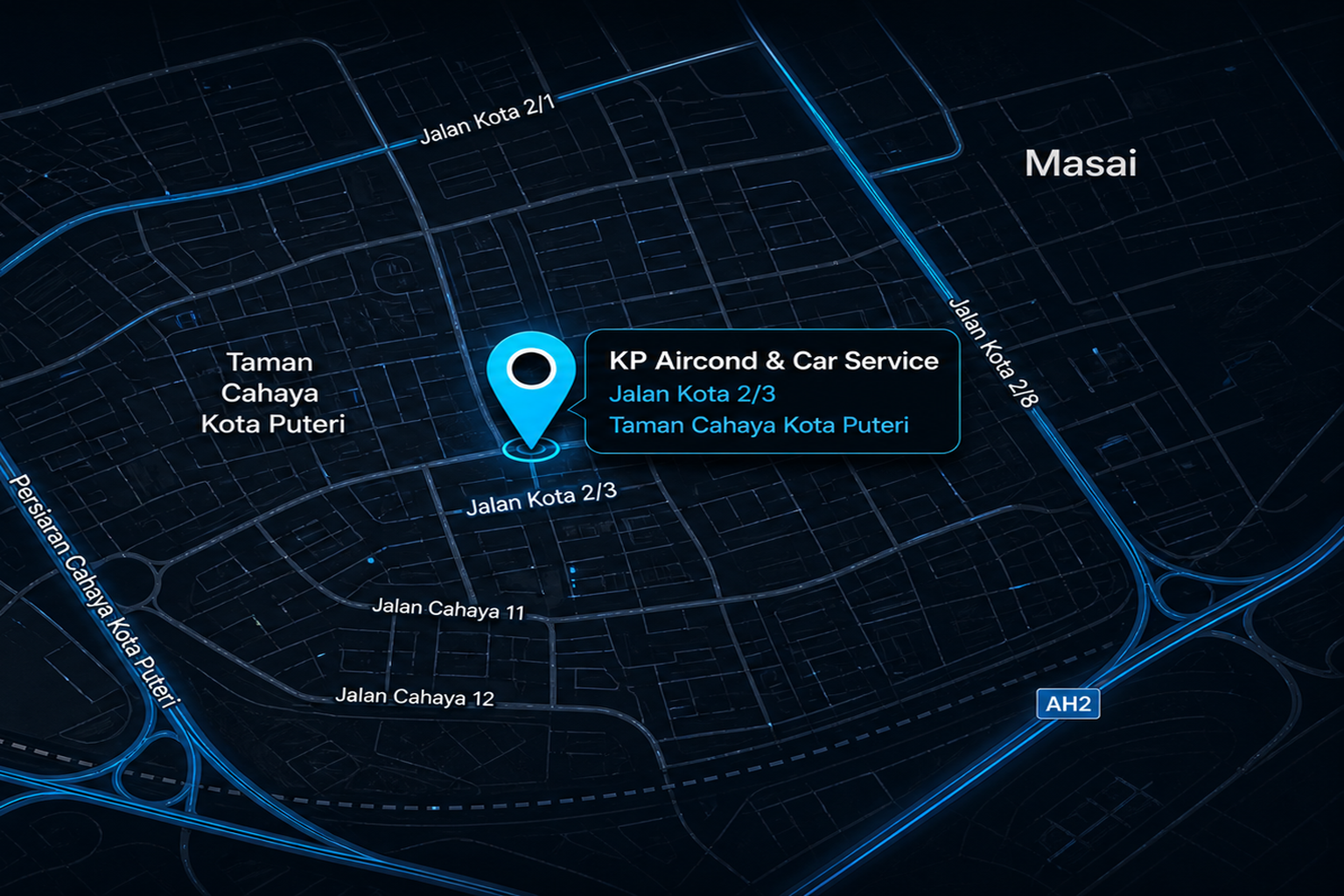 Map-style visual showing KP Aircond & Car Service near Jalan Kota 2/3 in Masai