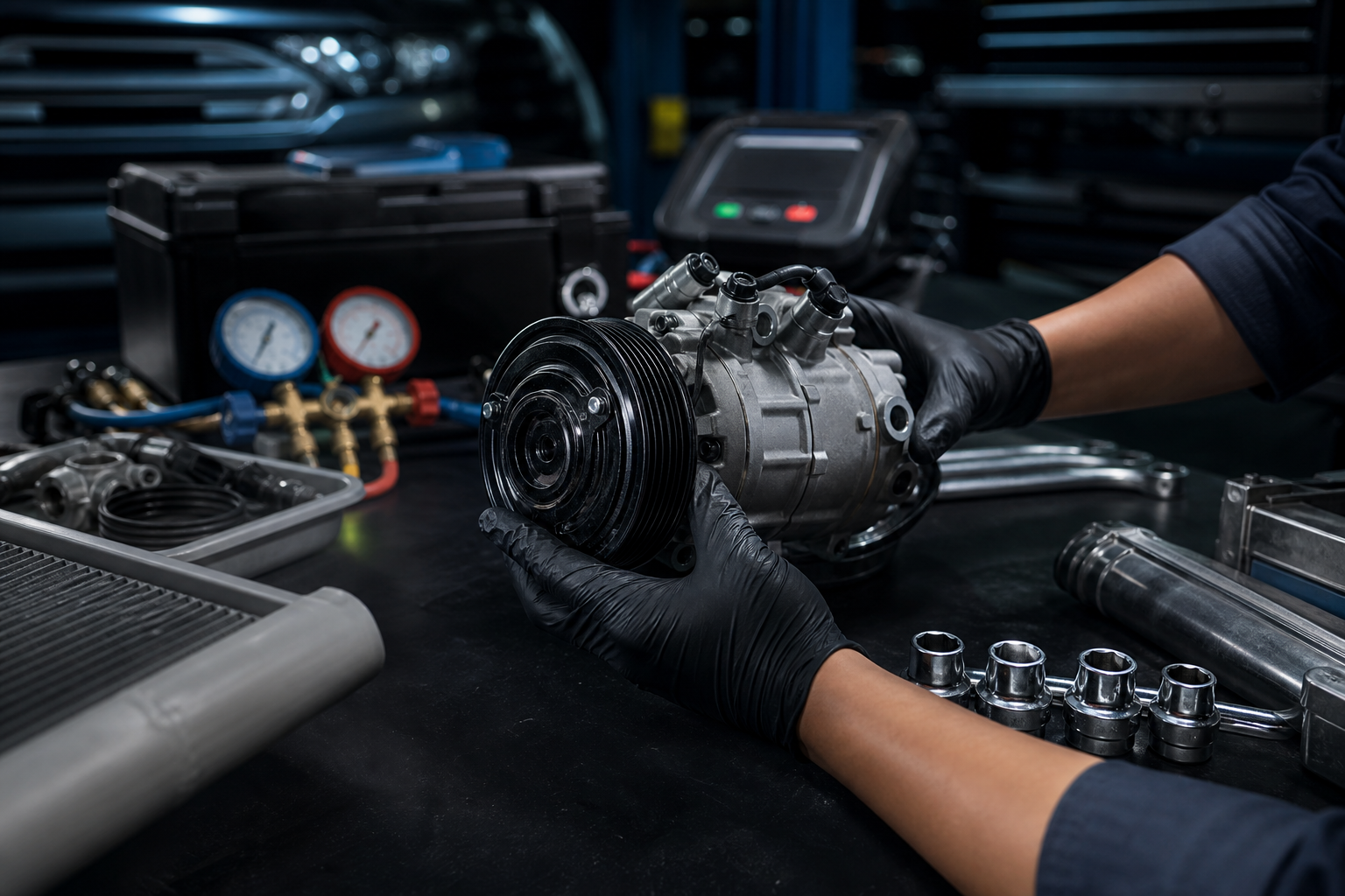 Mechanic hands inspecting an aircond component on a workshop bench