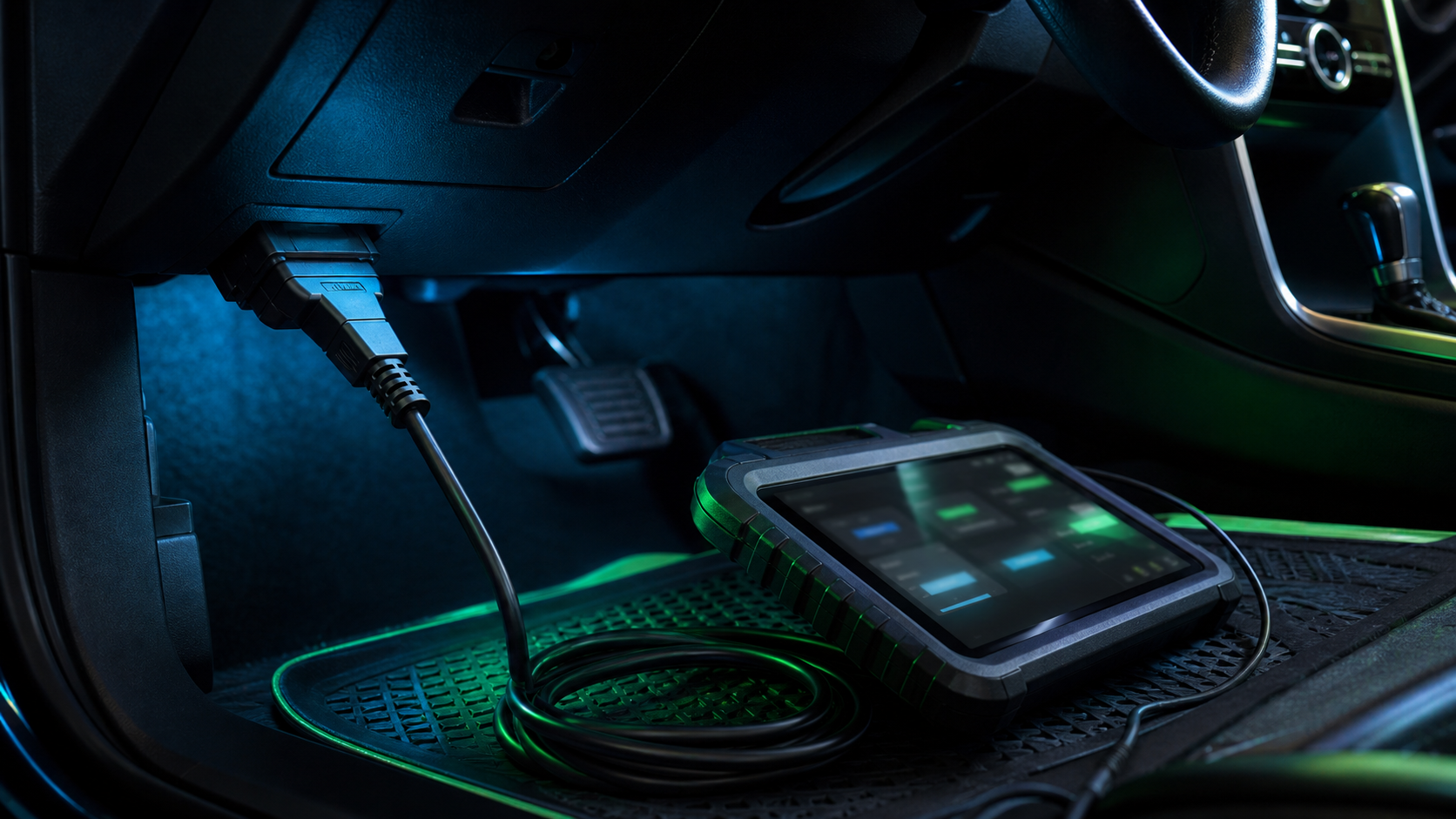 OBD diagnostic connector and tablet inside a car