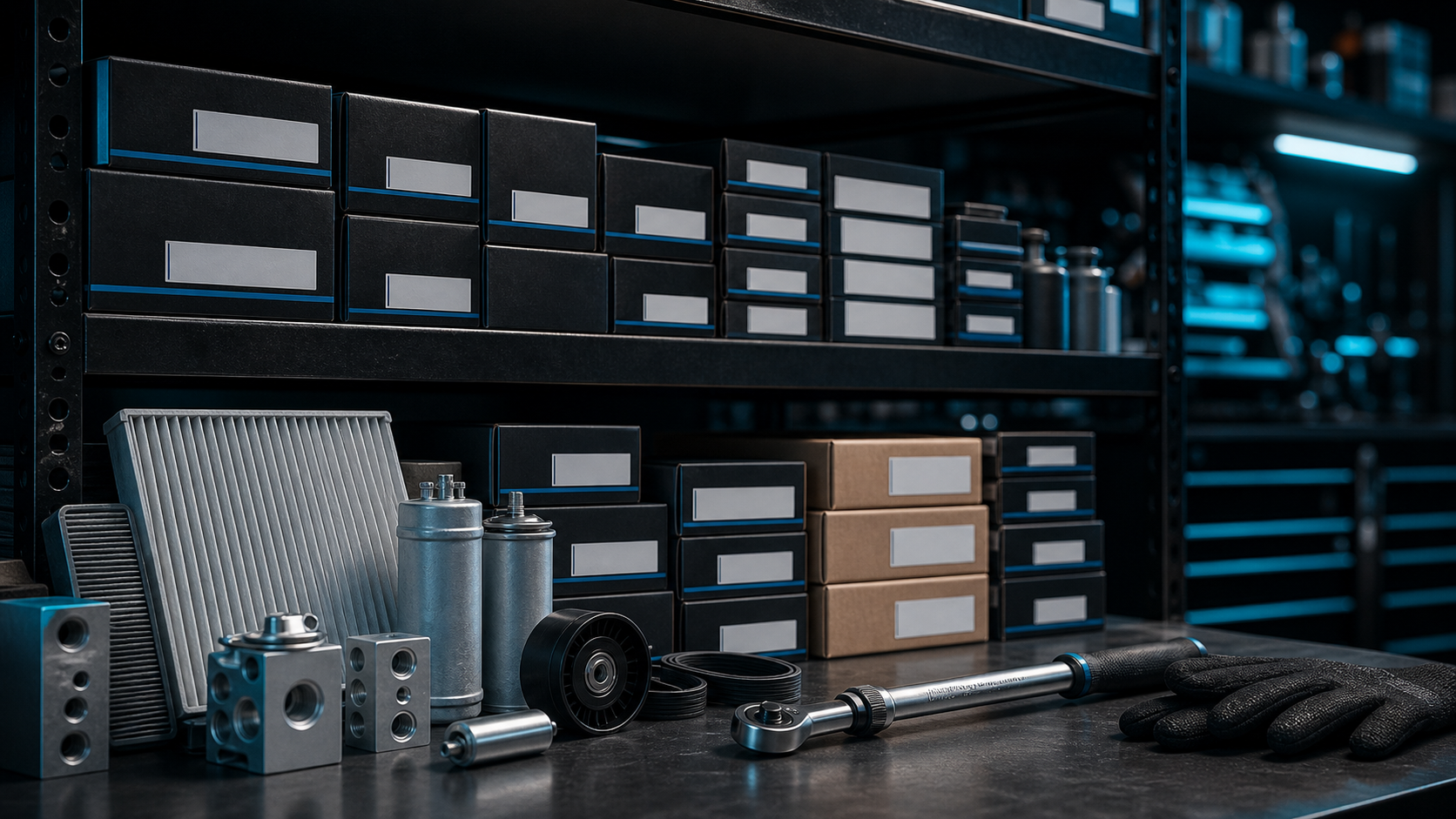 Organized replacement parts and tools on a workshop shelf