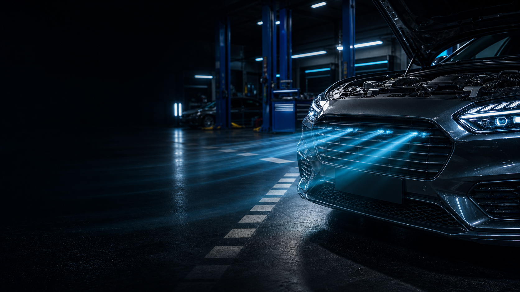 Car front with cold cyan airflow in a premium pit lane workshop
