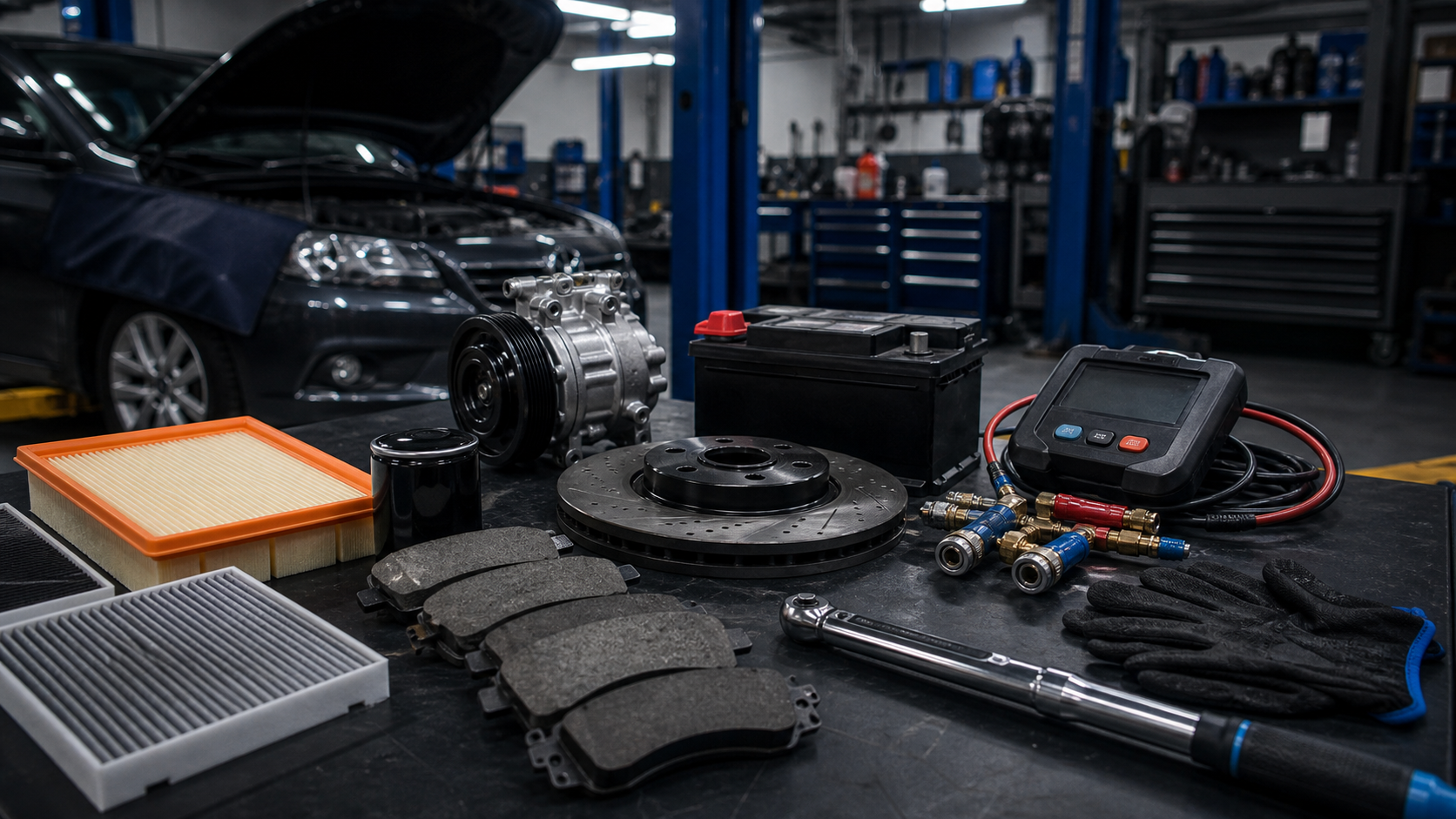 Premium workshop tools and parts visual for car service support